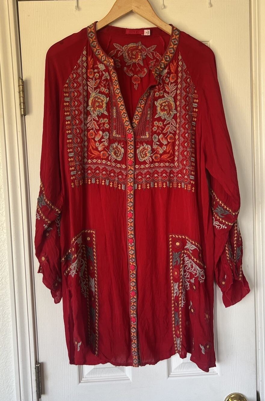 Johnny Was Embroidered Peasant Button Up Tunic Blouse Women XL Red V-Neck